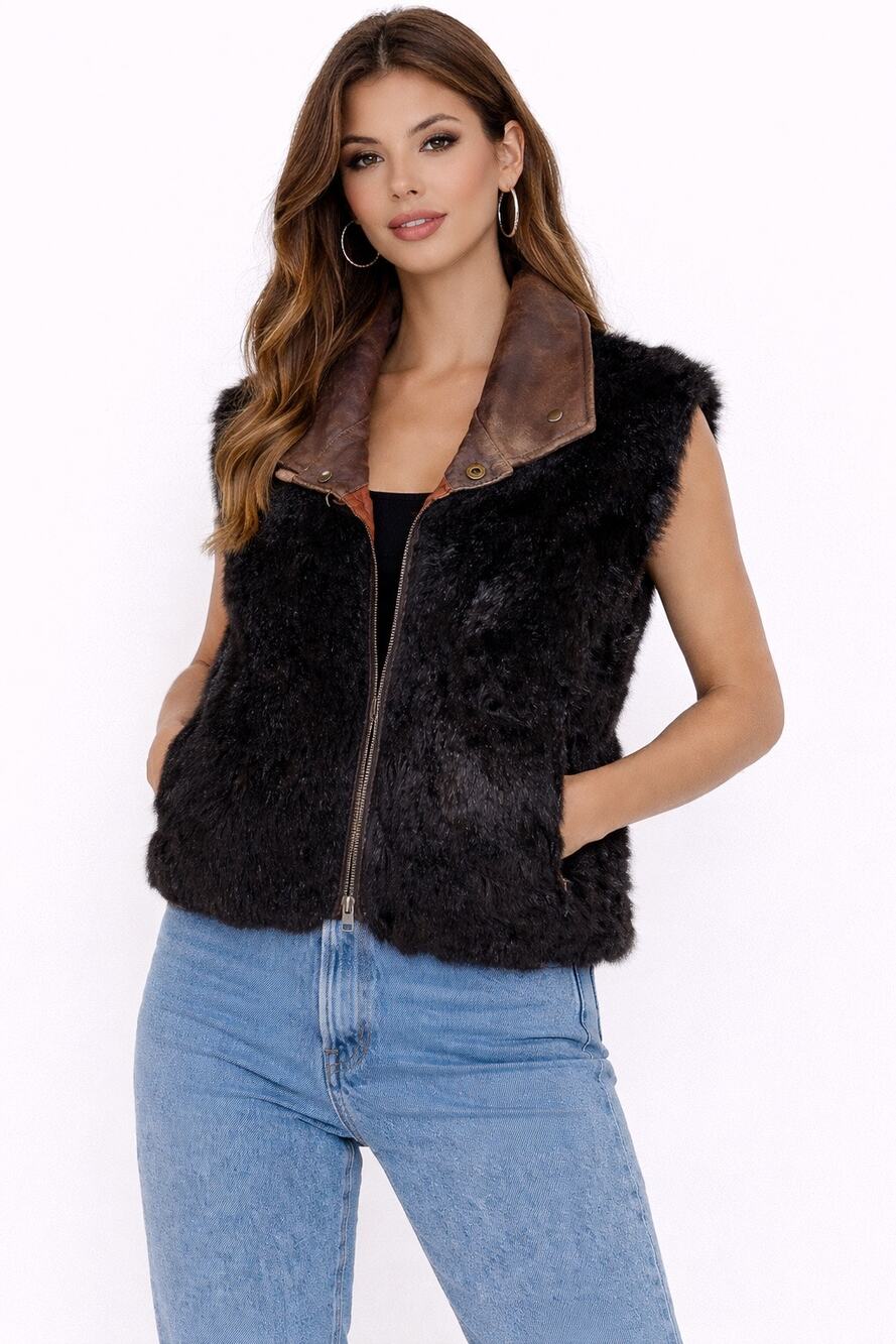 1970s–1980s Vintage Black Opossum Fur Leather Trim Vest Medium